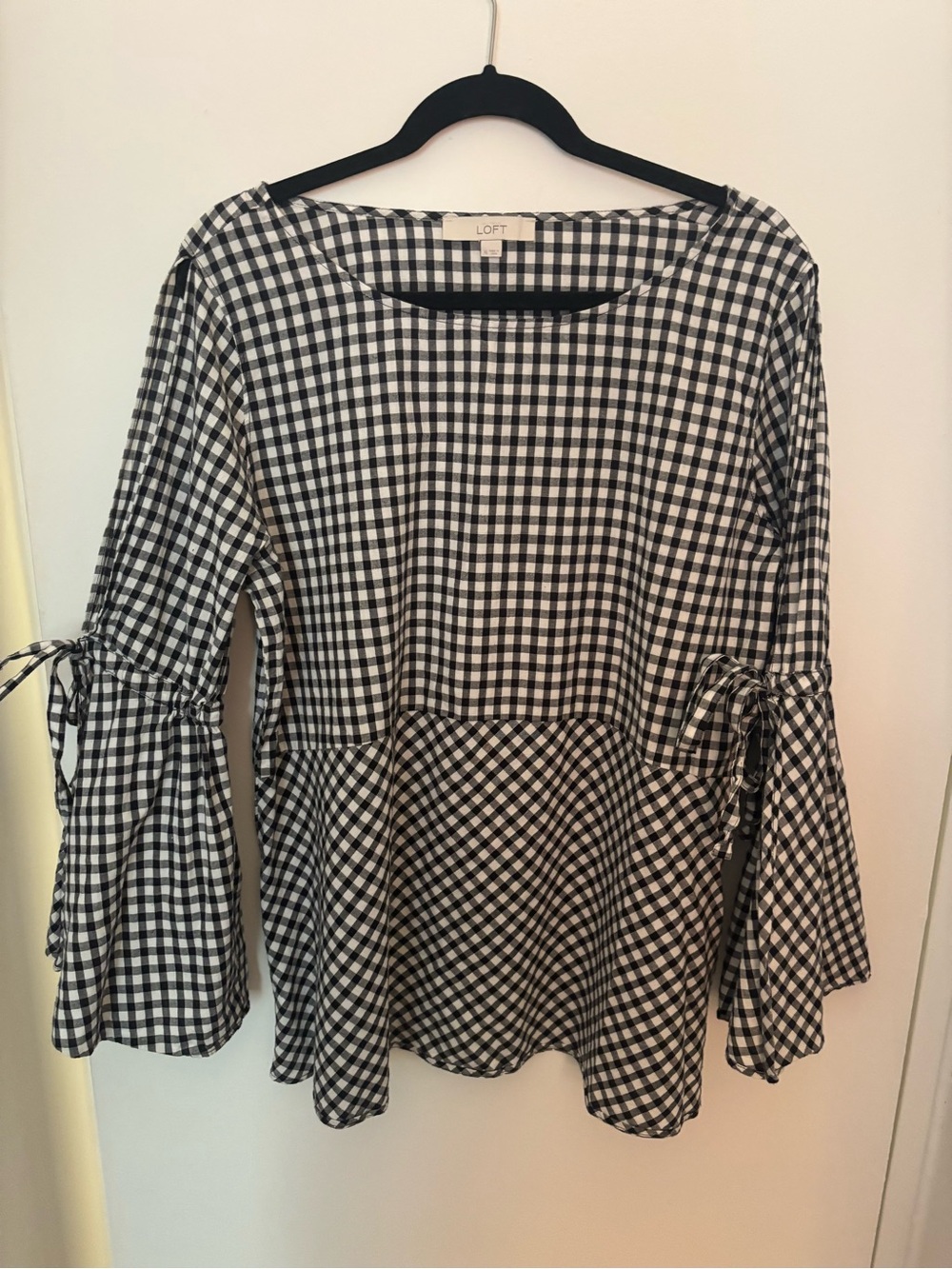 LOFT Black & White Gingham Tie-Sleeve Peplum Blouse